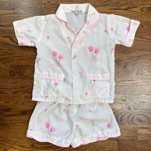 Sweet Dreams Girks White and Pink Tulip Print Short Scalloped Pajama Set 18M